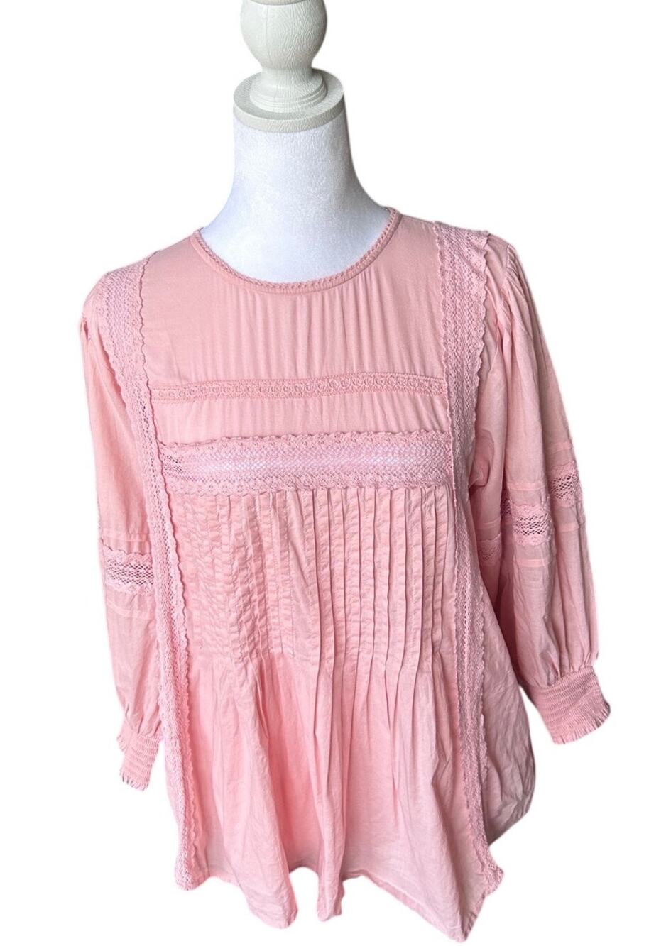 Sweet Salt Pink Pleated Pintuck Blouse Lace Trim Cotton Gauze Peasant Top M